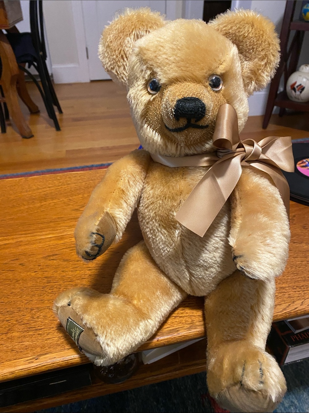 Harrods Merrythought Golden Tan Plush Teddy with Satin Bow (Vintage)